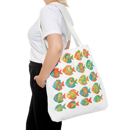 Colorful Mosaic Fish Print Tote Bag, Reusable Grocery Bag, Summer Travel Accessory, Gift for Ocean Lovers