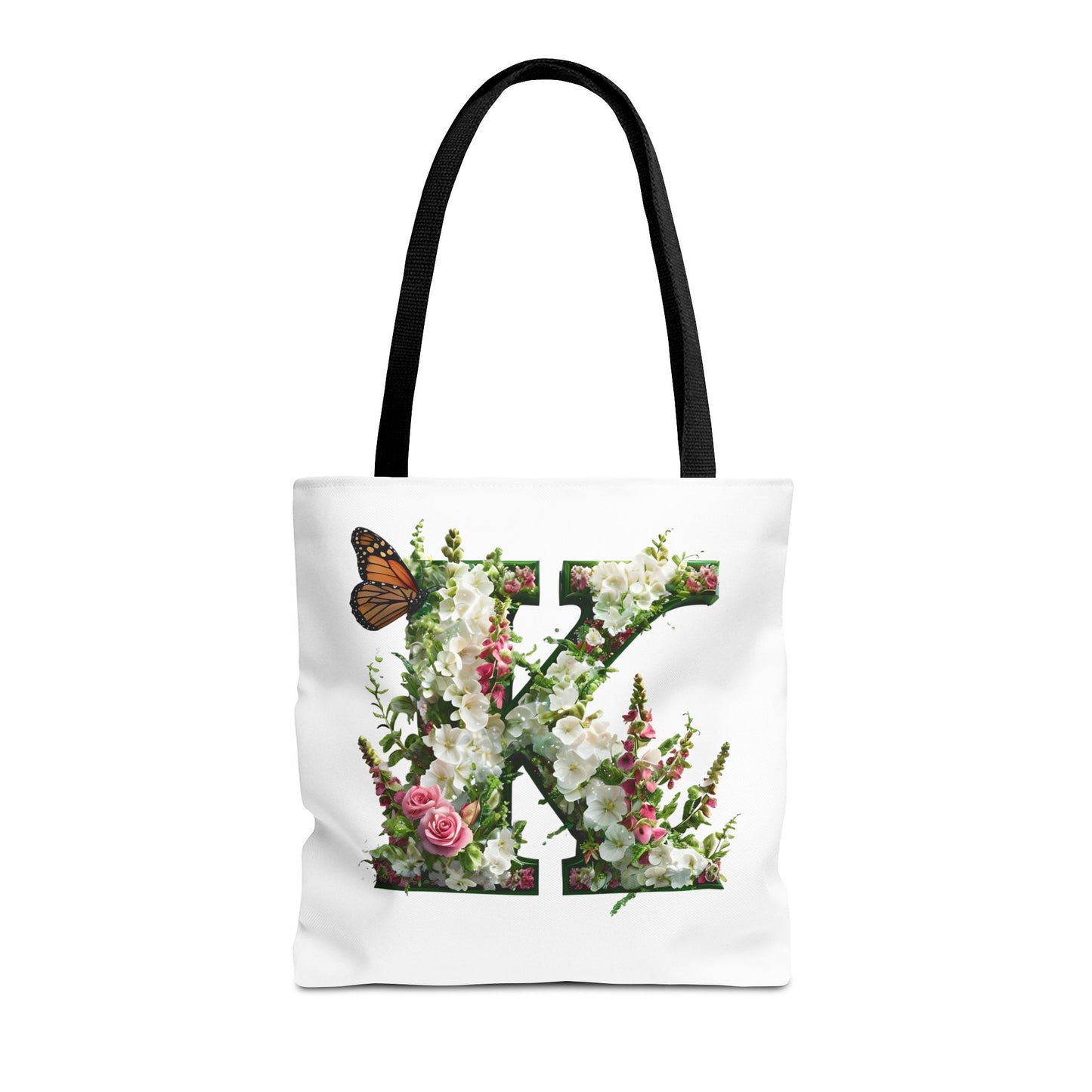 Floral Alphabet 'K'  Tote Bag with Cottage Garden Flowers and Butterfly Design