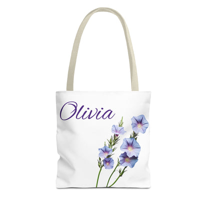 Personalized Morning Glory September Birth Month Flower Tote Bag, Custom Name Bag, Floral Grocery Bag