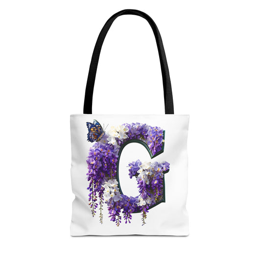 Floral Alphabet 'G' Tote Bag - Purple Flowers and Butterfly Design, Style for Every Occasion
