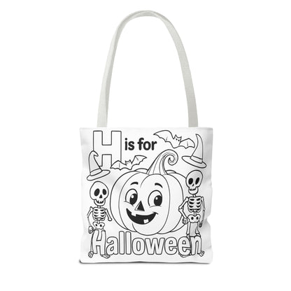 H is for Halloween Coloring Page Tote Bag with Pumpkin & Skeleton Design, Spooky Gift, Trick or Treat Bag, Festive Accessory, Fall Decor