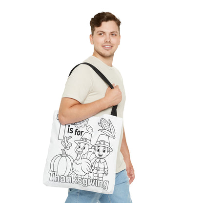 T is for Thanksgiving Coloring Page Tote Bag - Colorful Pilgrims and Turkey Design, AOP, Ideal for Holiday Gatherings, Gifts, and Crafts