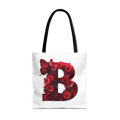 Red Floral Alphabet B' Tote Bag with Butterfly - Shopping, Beach or Travel Accessory
