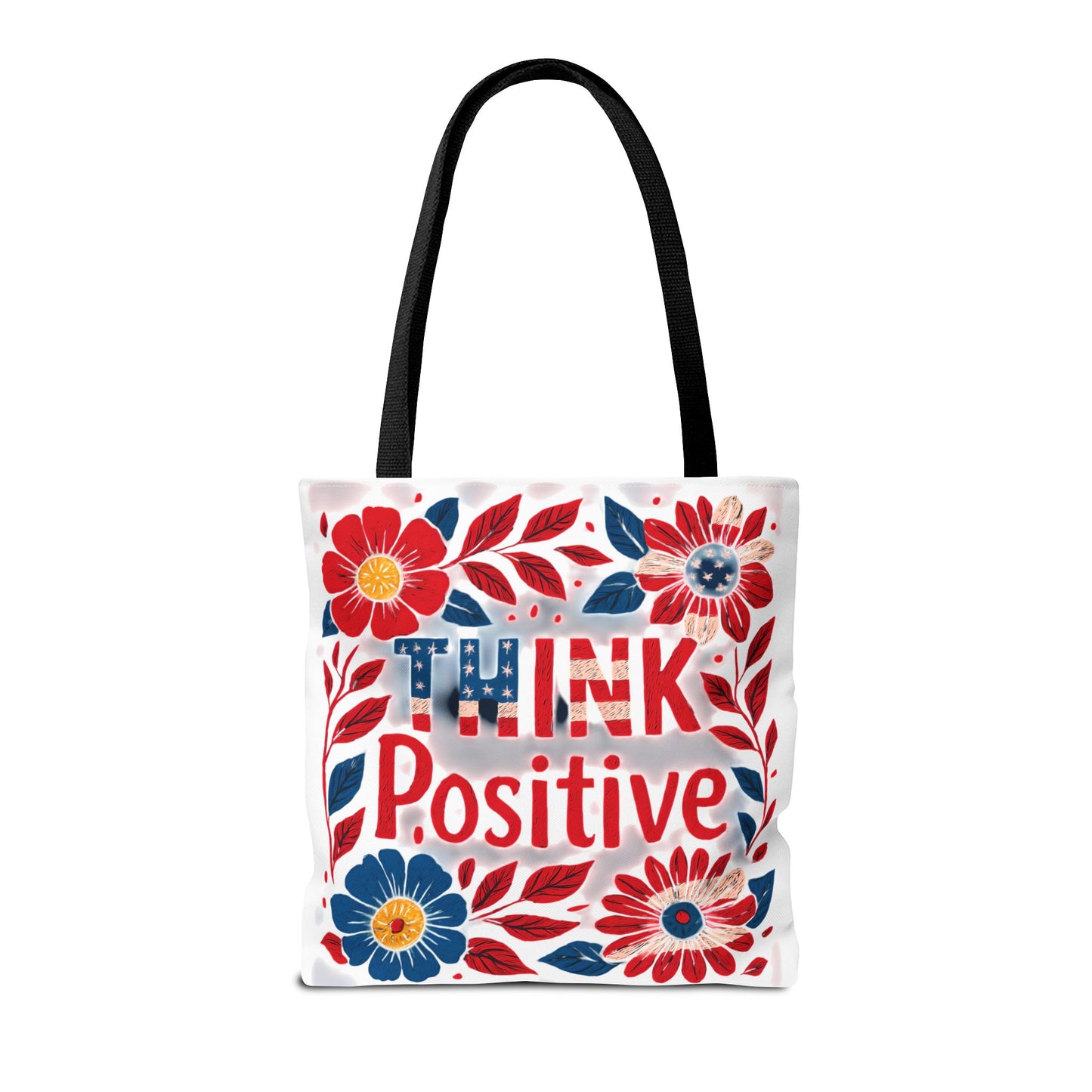 Red White and Blue Think Positive Tote Bag - Patriotic Embroidery Style Carryall, Great for Gifts, Shopping, Beach Days, Day Trips