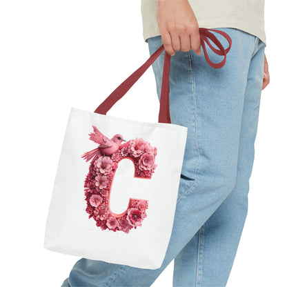 Floral Alphabet C' Tote Bag - Pink Bird Floral Design for Shopping, Work and Beach