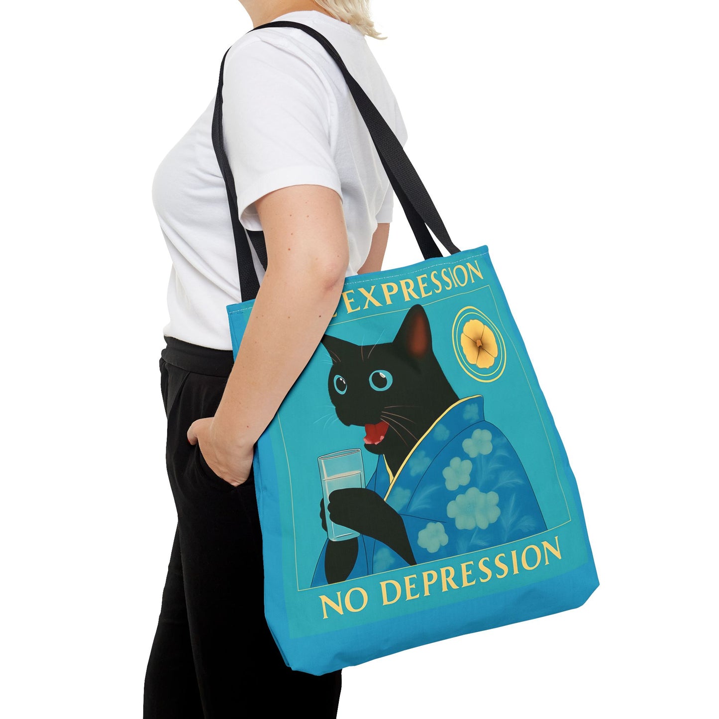 Motivational Chinoiserie Black Cat Tote Bag - More Expression No Depression