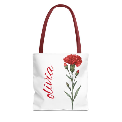 Personalized January Carnation Birth Month Flower Tote Bag, Custom Name Tote, Eco-Friendly Grocery Shopping Bag, Gift for Her