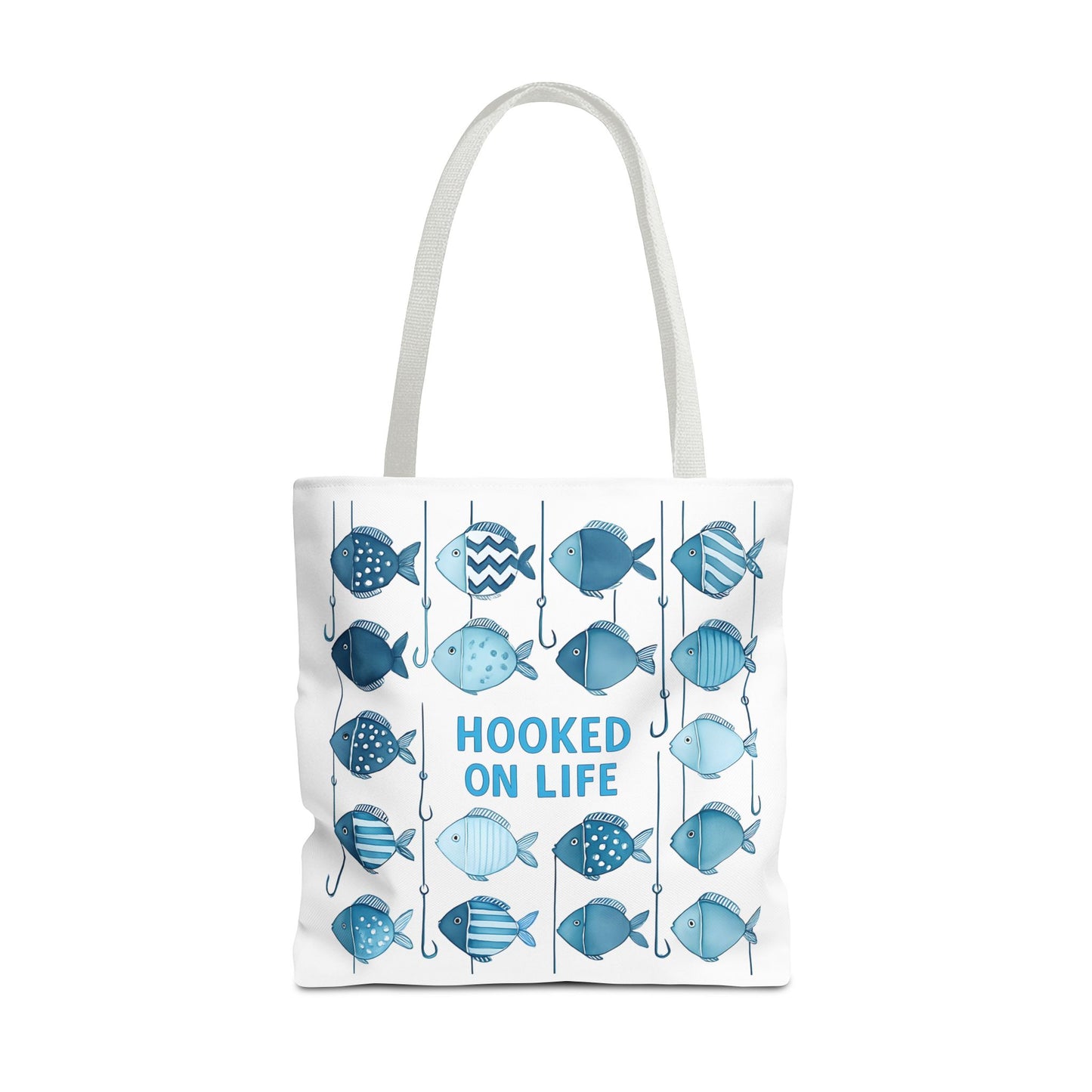 Fish-Themed Tote Bag, Hooked on Life Shopping Bag, Aqua Fishing Tote, Gift for Fisherman, Eco-Friendly Reusable Beach Bag