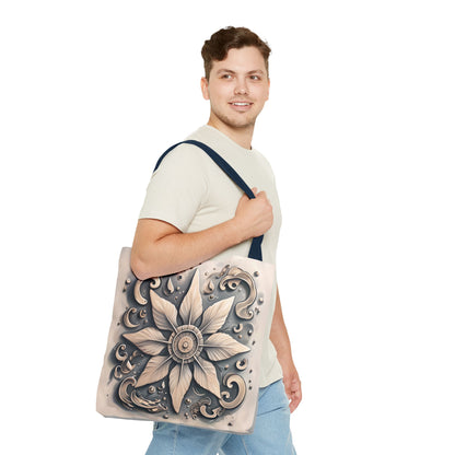 Earthy Symmetrical Floral Tote Bag, Metallic Design Boho Style, Eco-Friendly Reusable Shopping, Beach, Travel, Art Print, Gift for Her