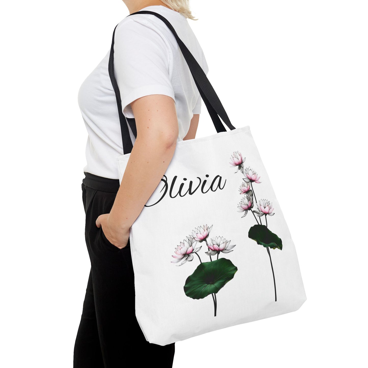 Personalized Water Lily Tote Bag, Eco-Friendly Reusable Shopping Bag, Custom Name Bag for July Birth Month Flower