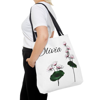 Personalized Water Lily Tote Bag, Eco-Friendly Reusable Shopping Bag, Custom Name Bag for July Birth Month Flower