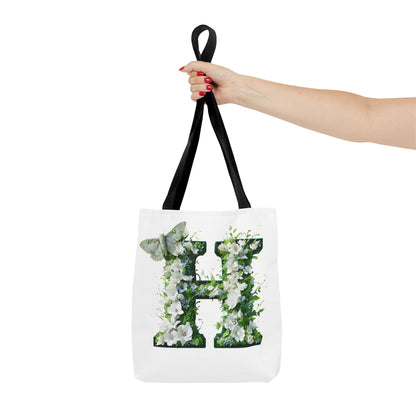 Floral Alphabet 'H'  Tote Bag - Green and White Gift for Nature Lovers