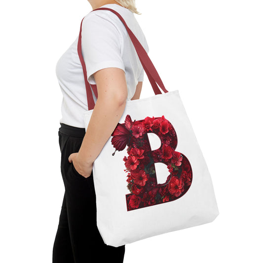 Red Floral Alphabet B' Tote Bag with Butterfly - Shopping, Beach or Travel Accessory