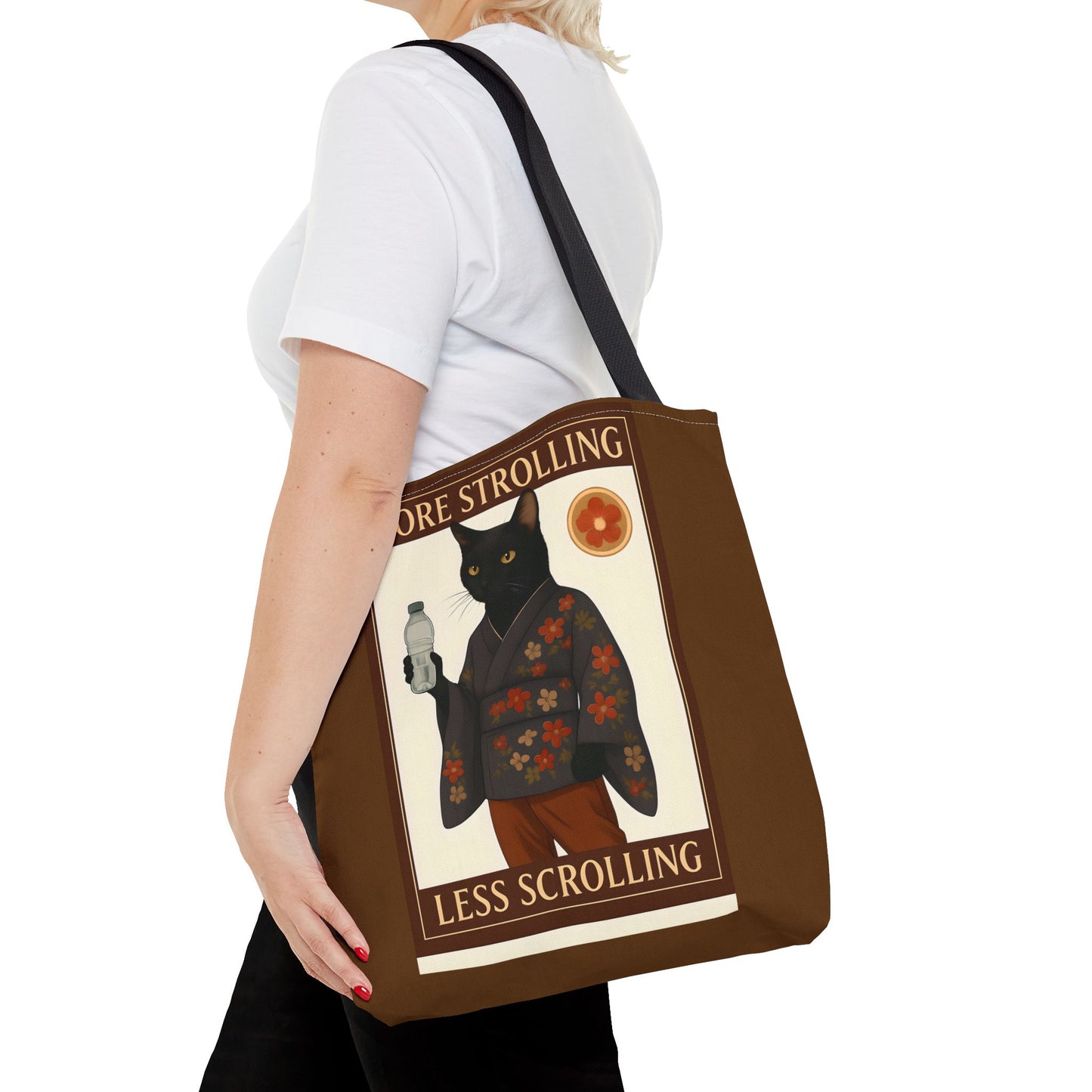 More Strolling Less Scrolling Cat Tote Bag – Cute Black Cat Design for Cat Lovers
