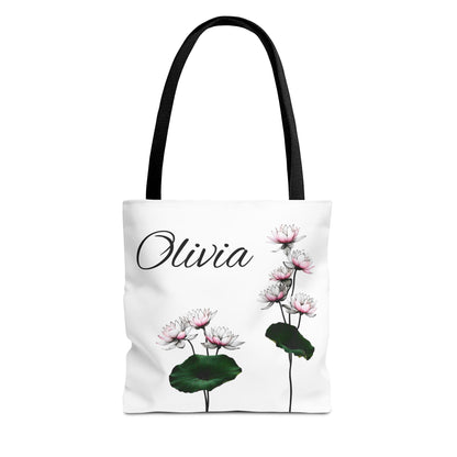Personalized Water Lily Tote Bag, Eco-Friendly Reusable Shopping Bag, Custom Name Bag for July Birth Month Flower