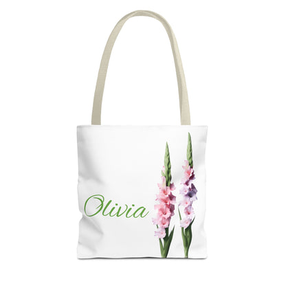 Personalized Gladiolus Floral Tote Bag - Custom Name Bag, August Birth Month Flower Design, Reusable Eco-Friendly Shopper