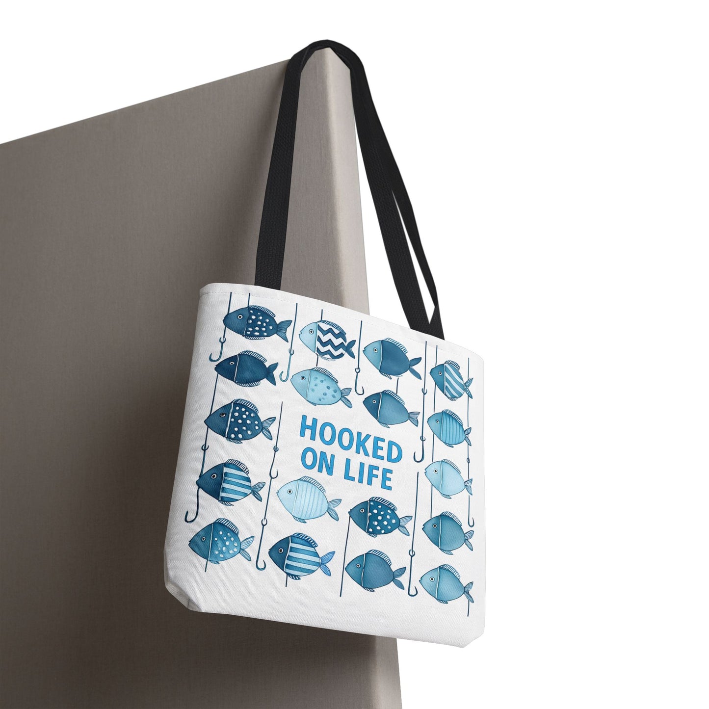 Fish-Themed Tote Bag, Hooked on Life Shopping Bag, Aqua Fishing Tote, Gift for Fisherman, Eco-Friendly Reusable Beach Bag