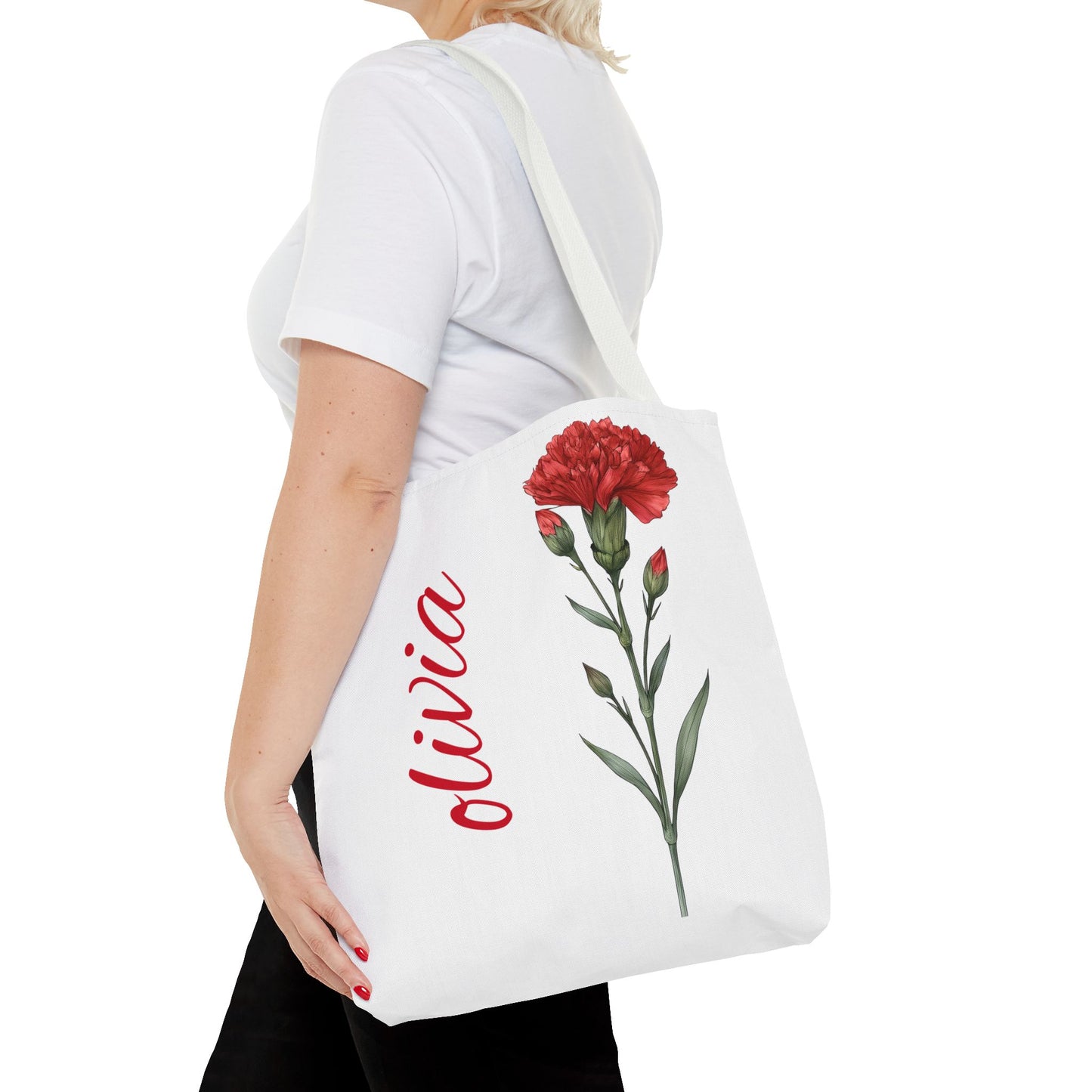 Personalized January Carnation Birth Month Flower Tote Bag, Custom Name Tote, Eco-Friendly Grocery Shopping Bag, Gift for Her