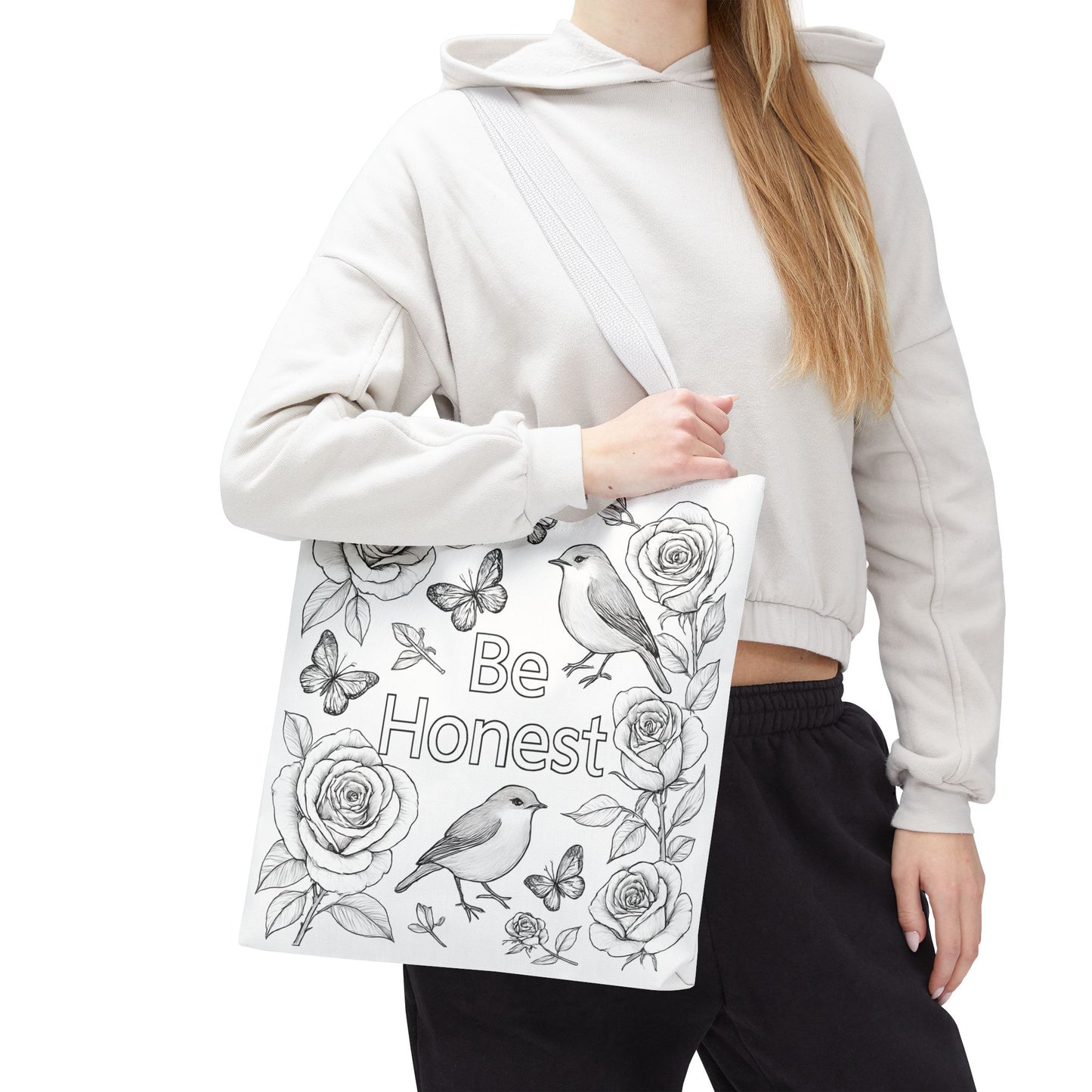 Black and White Floral Tote Bag - "Be Honest" Coloring Page Design, Eco-Friendly Shopping, Gift for Nature Lovers, Artistic Carryall, Everyday Use