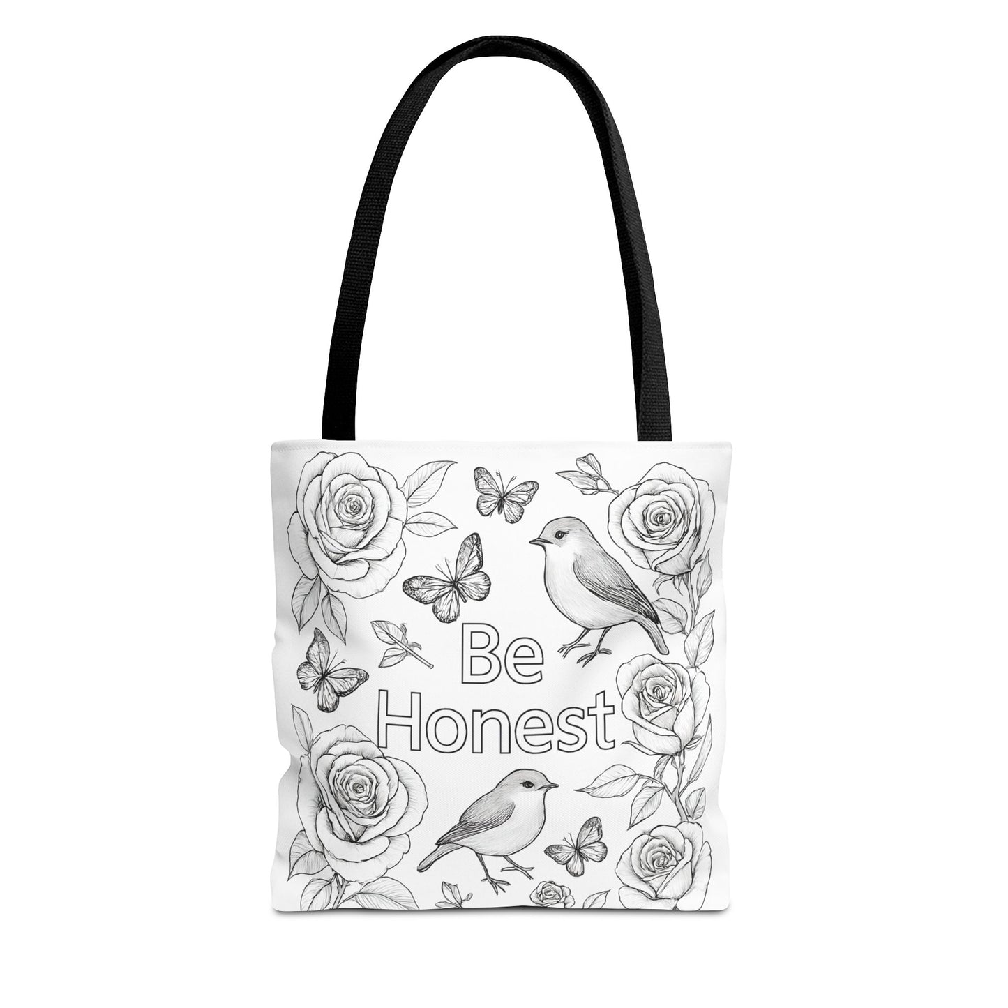 Black and White Floral Tote Bag - "Be Honest" Coloring Page Design, Eco-Friendly Shopping, Gift for Nature Lovers, Artistic Carryall, Everyday Use