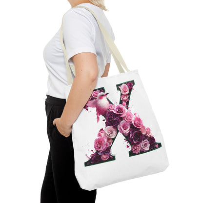 Floral Alphabet 'X' Tote Bag with Pink and Purple Flower and Bird Design