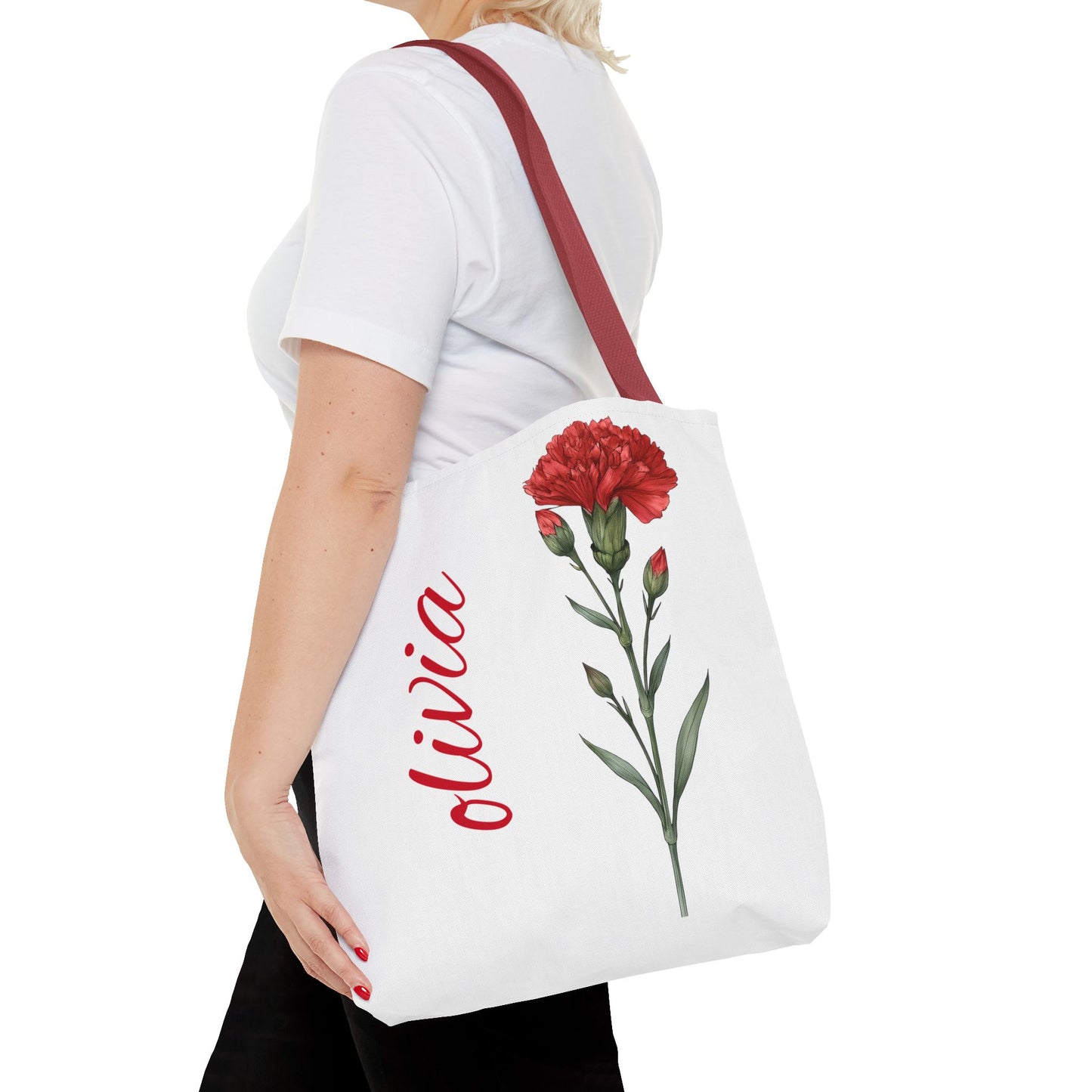 Personalized January Carnation Birth Month Flower Tote Bag, Custom Name Tote, Eco-Friendly Grocery Shopping Bag, Gift for Her
