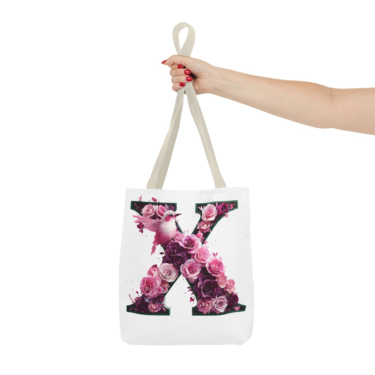 Floral Alphabet 'X' Tote Bag with Pink and Purple Flower and Bird Design