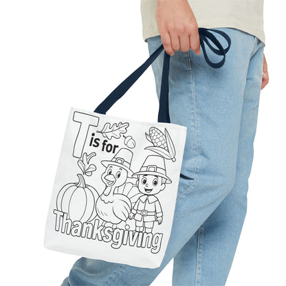 T is for Thanksgiving Coloring Page Tote Bag - Colorful Pilgrims and Turkey Design, AOP, Ideal for Holiday Gatherings, Gifts, and Crafts