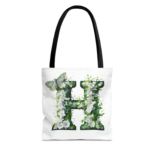 Floral Alphabet 'H'  Tote Bag - Green and White Gift for Nature Lovers