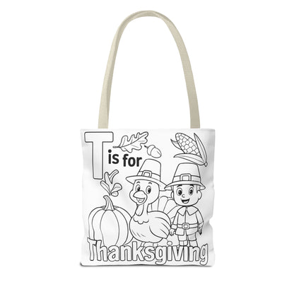T is for Thanksgiving Coloring Page Tote Bag - Colorful Pilgrims and Turkey Design, AOP, Ideal for Holiday Gatherings, Gifts, and Crafts