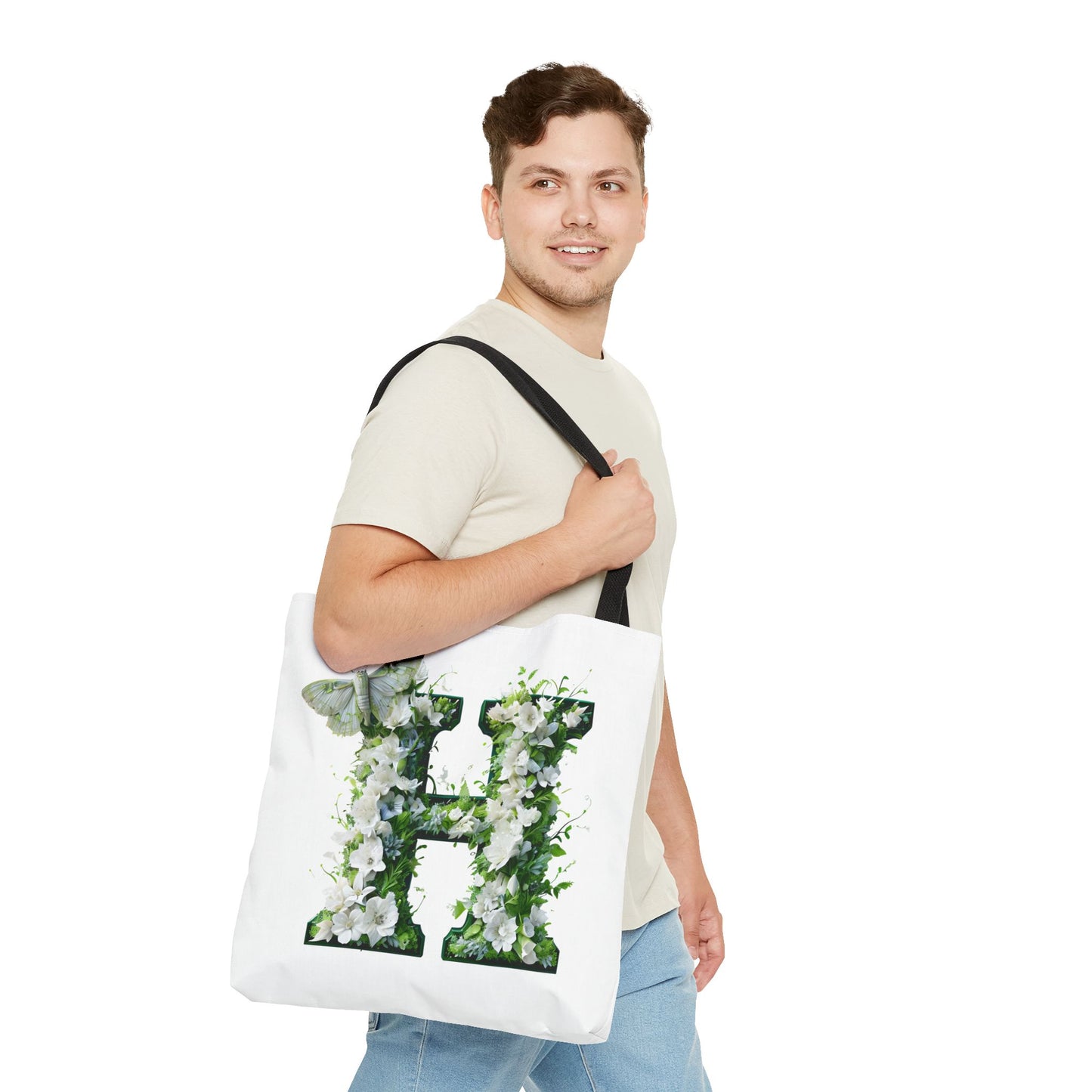 Floral Alphabet 'H'  Tote Bag - Green and White Gift for Nature Lovers