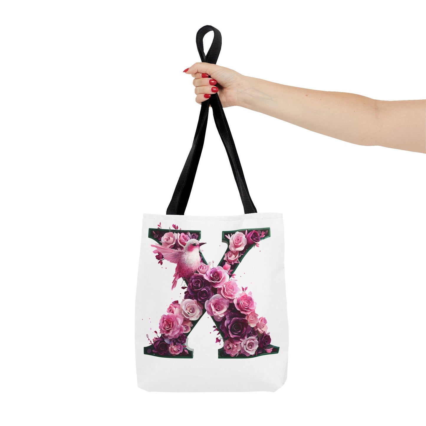 Floral Alphabet 'X' Tote Bag with Pink and Purple Flower and Bird Design