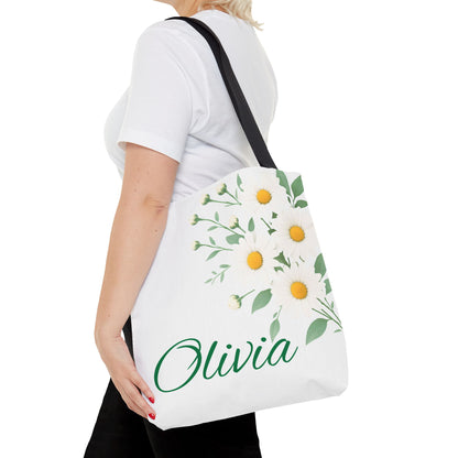 Personalized April Daisy Tote Bag, Custom Name Gift For Her, Birth Month Flower Design, Eco-Friendly Grocery Shopping Bag