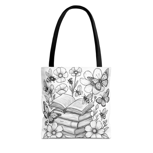 Coloring Page  Book Lover Tote Bag, Floral Butterfly Tote, Gift for Readers, Library Bag, Eco-Friendly Shopping Tote