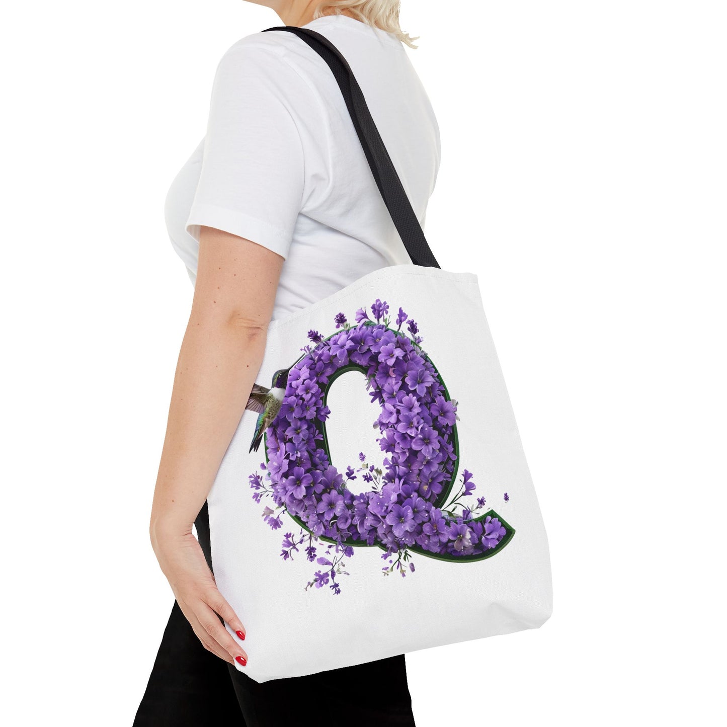 Floral Alphabet 'Q' Tote Bag - Hummingbird and Purple Flower Nature-Inspired Design