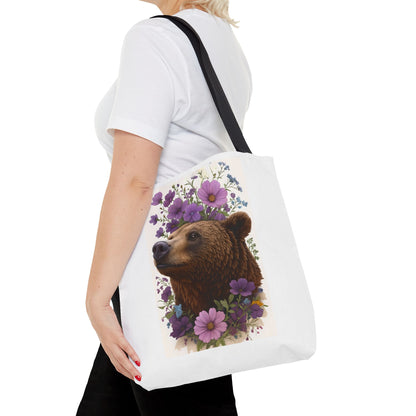 Floral Bear Tote Bag, Gift for Animal Lovers, Boho Bag for Daily Use