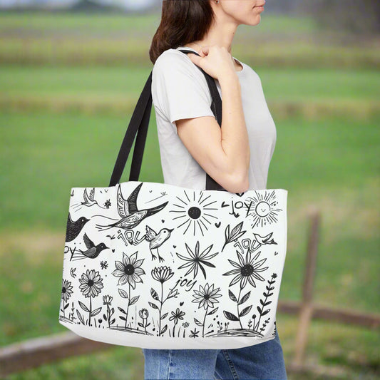 joy black and white doodle art tote bag