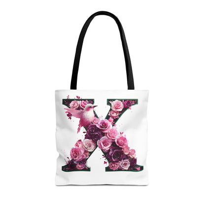 Floral Alphabet 'X' Tote Bag with Pink and Purple Flower and Bird Design